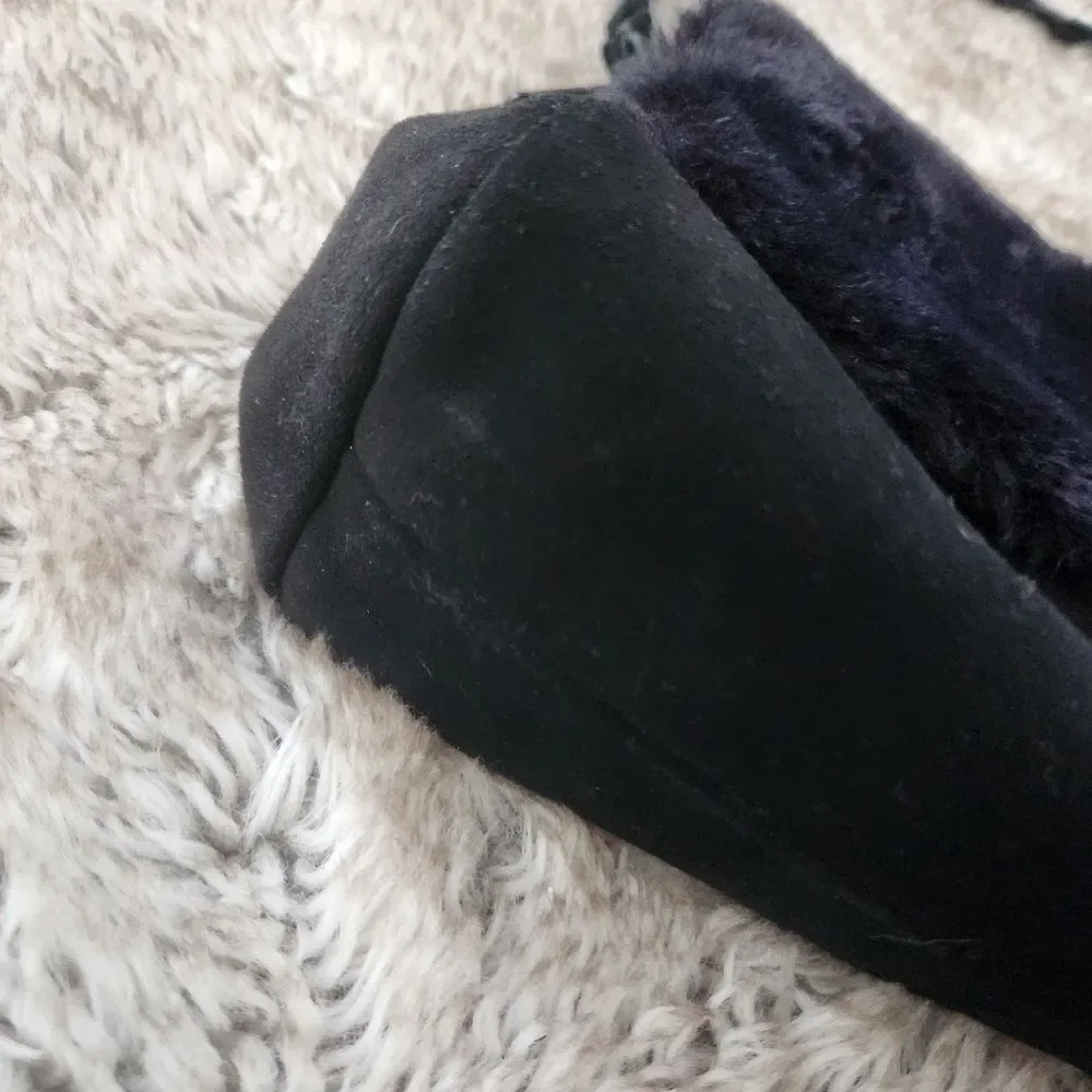 dennis basso Faux Fur Shearling Trim Suede Braided Strap Shoulder Bag Black‎